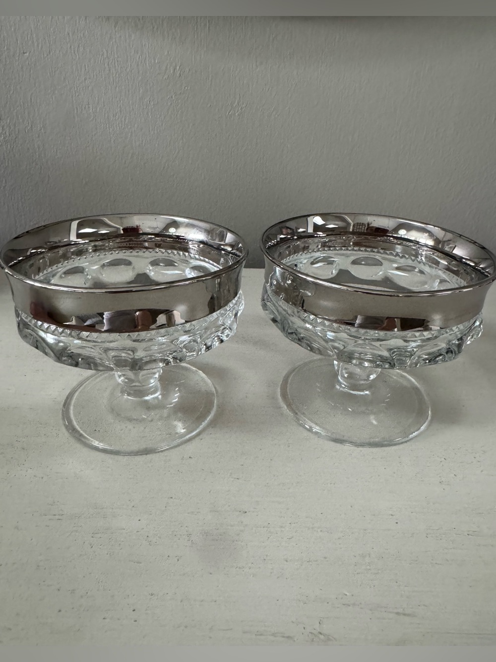 Vintage Indiana Glass Kings Crown Thumbprint Pedestal Compotes Silver Rimmed
